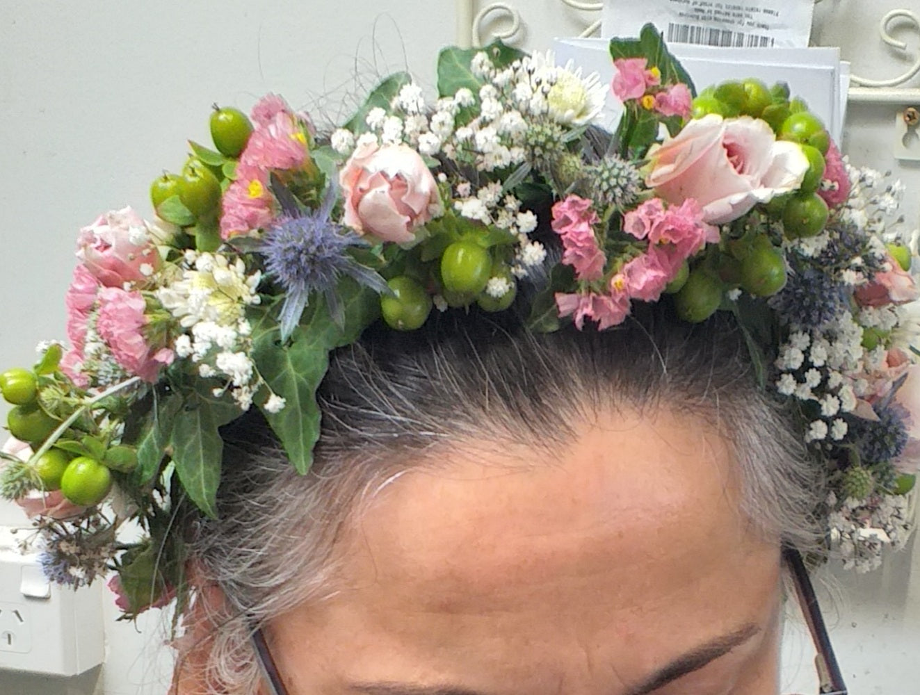 flower crown, pink pale blue white gyp and berries