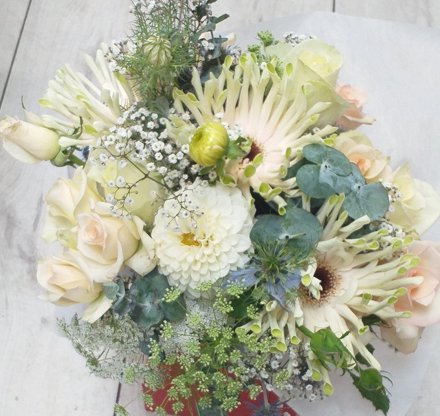 bouquet of dahlia, gerbera, queen annes lace, mini roses, gyp and baby gum
