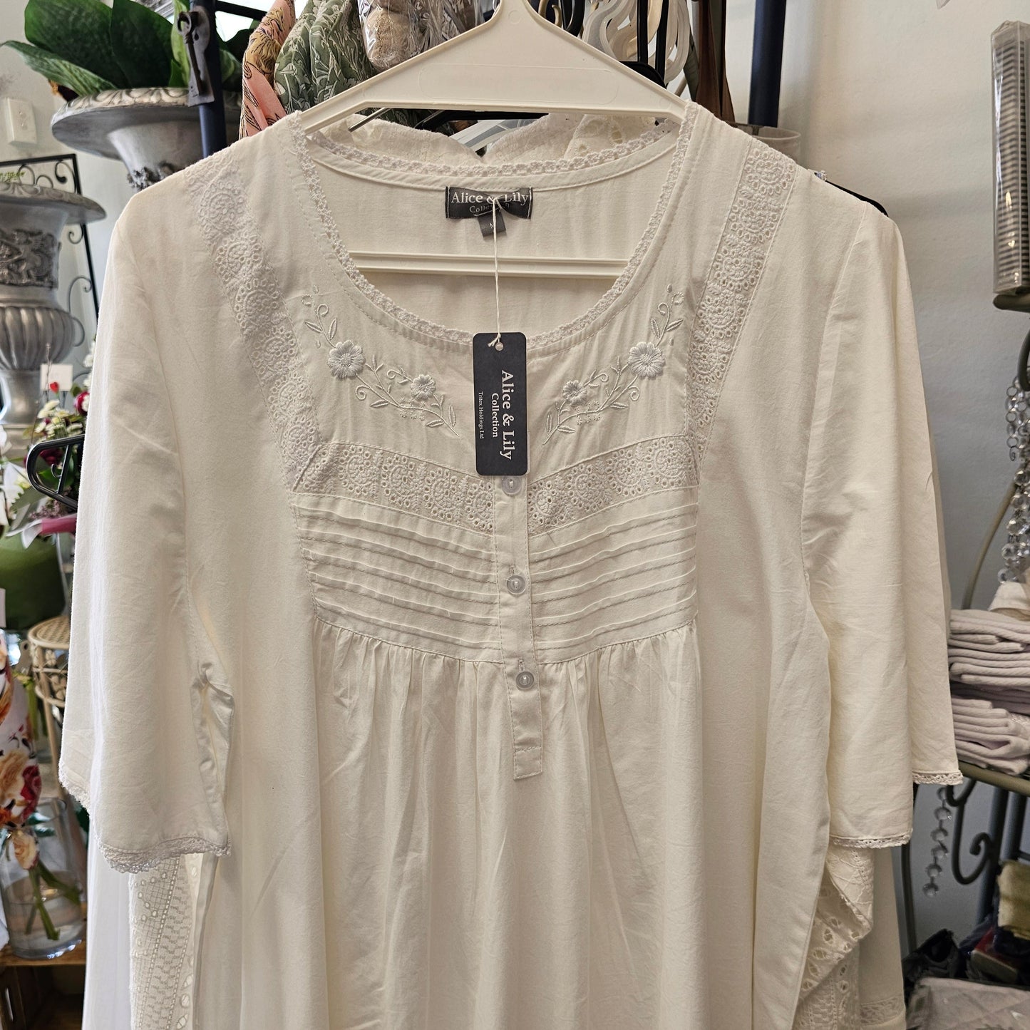 Cotton Nightie - White bodice with blue embroidery, short sleeve - Broadfield Flowers Florist Lincoln