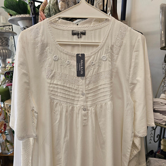 Cotton Nightie - White bodice with blue embroidery, short sleeve - Broadfield Flowers Florist Lincoln
