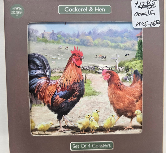Coaster set, rooster and hen