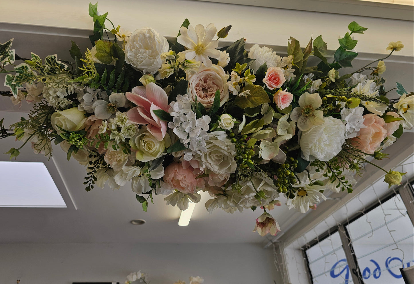 Silk Flowers, ceiling or mantle arrangement, pink and white