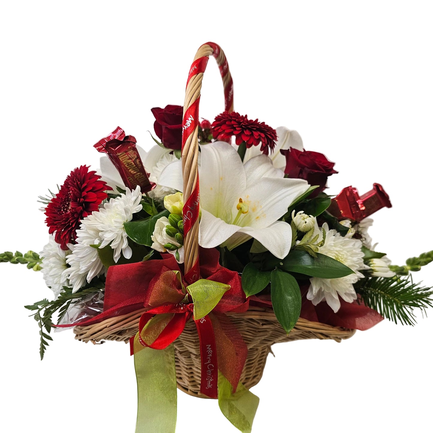 Flower Arrangement, Christmas Basket with chocolates - Broadfield Flowers Florist Lincoln