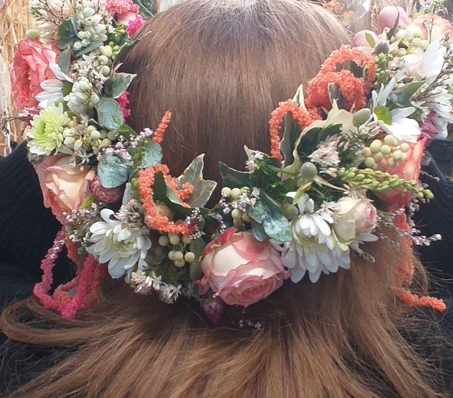 Flower crown pink roses, white chrysies, amaranthus, pieris,
