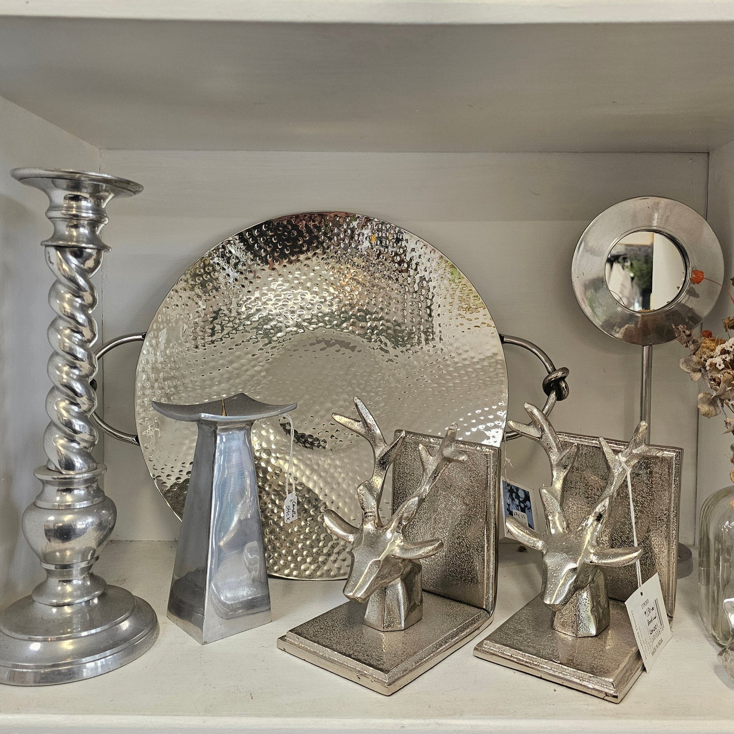 Silver giftware, book ends, polished aluminium candle stick - turned, aluminium candlestick square, beaten silver tray w/handles,