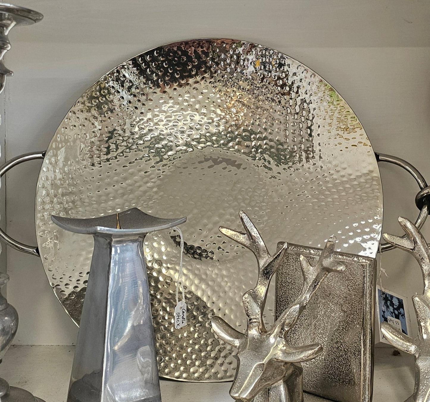 Silver giftware, book ends, polished aluminium candle stick - turned, aluminium candlestick square, beaten silver tray w/handles,