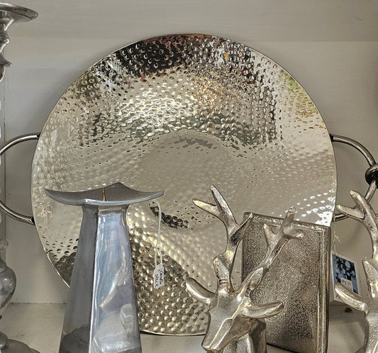 Silver giftware, book ends, polished aluminium candle stick - turned, aluminium candlestick square, beaten silver tray w/handles,