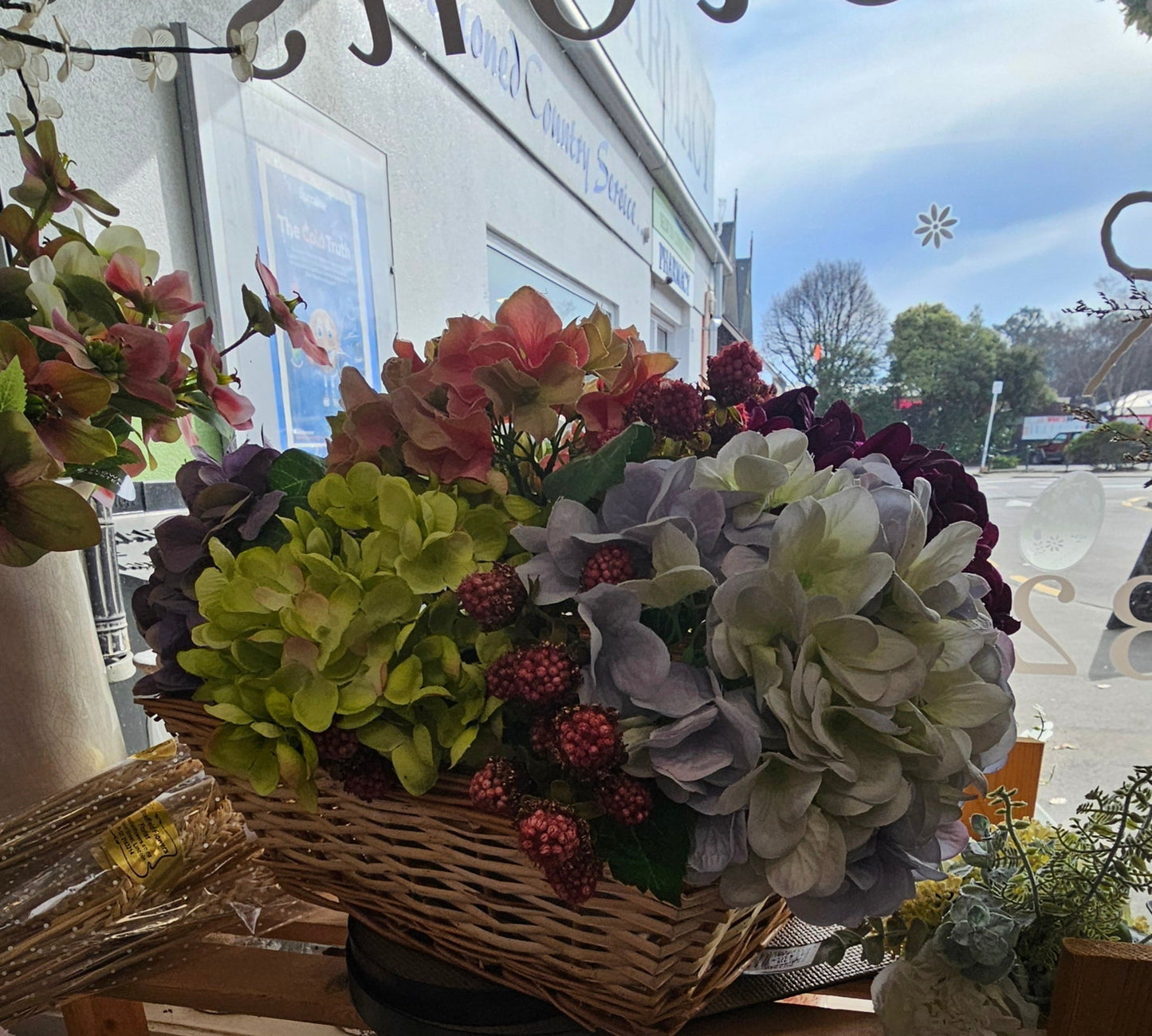 Silk Flowers, Wreath - Dream Catcher Style, Wreath plain, Basket of Hydrangeas, - Broadfield Flowers Florist Lincoln