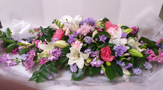 Casket Spray flower arrangement in pink, lavender and white - Broadfield Flowers Florist Lincoln