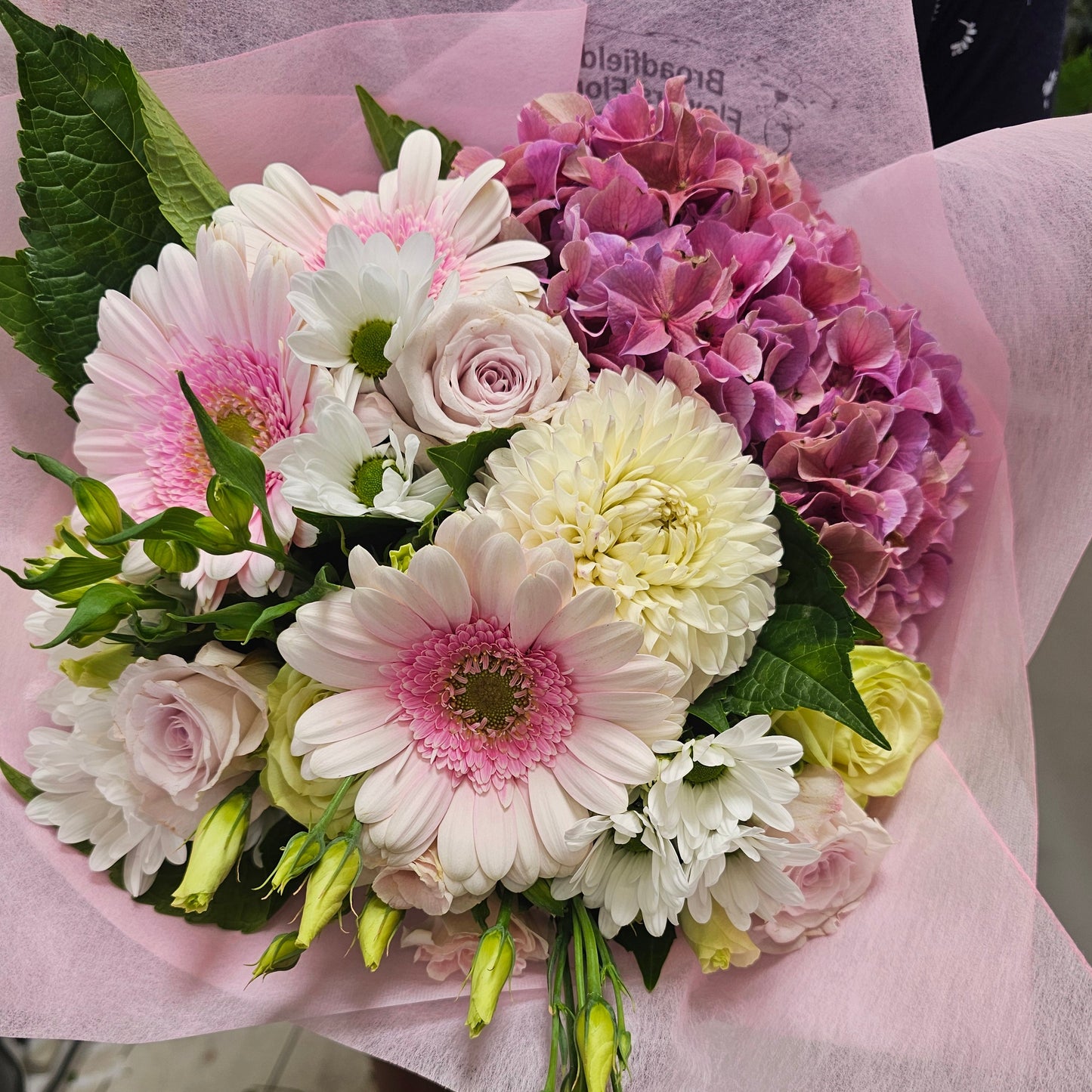 pink flower bouquet roses, gerbera dahlia, lissianthus