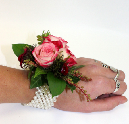 wrist corage, bright pink mini roses