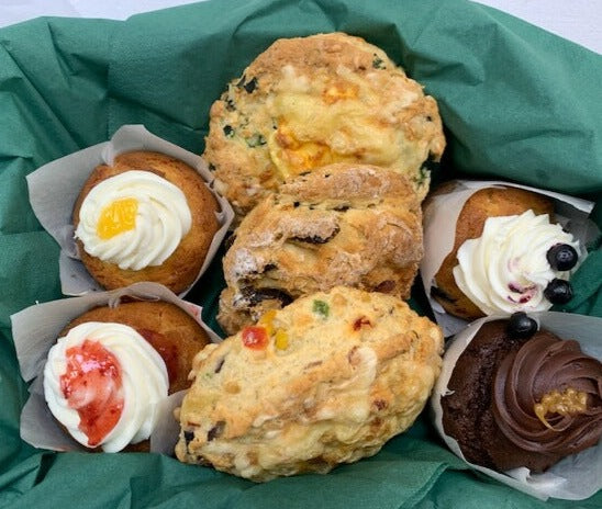 Tray of gourmet scones and muffins
