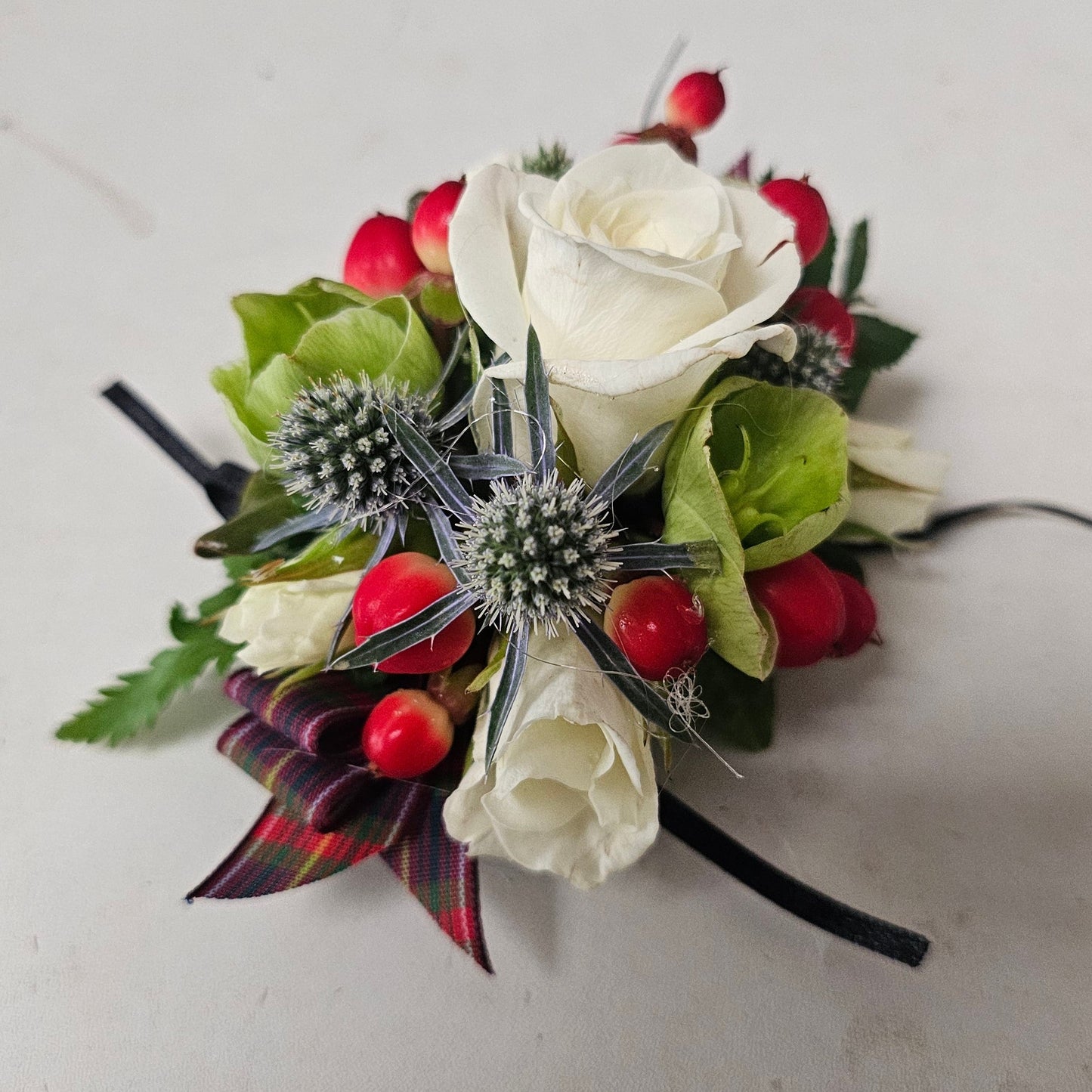 wrist corsage, red, blue, green, scottish style