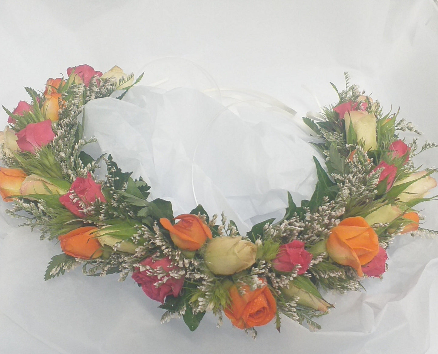 Flower Crown - mini cream, orange hot pink roses, limonium