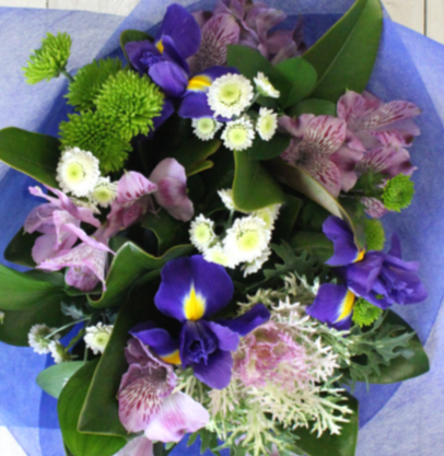 flowers in purple and lavender, iris, alstro, chrysies