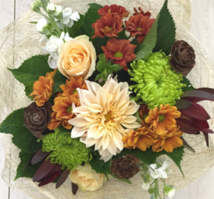 Triple Chocolate flower bouquet with green, brown, orange chrysthemum, leuc, dahlia, roses, stock - Broadfield Flowers Florist Lincoln