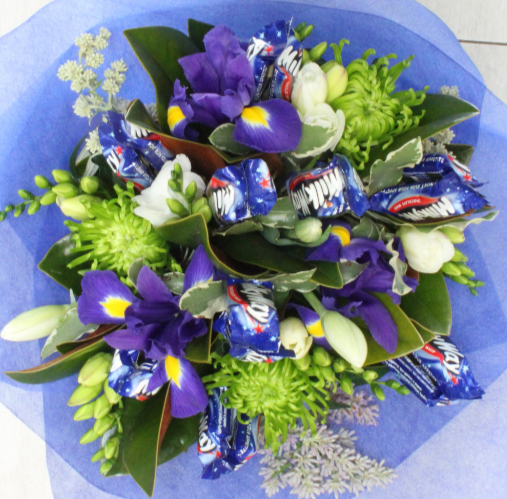 Milkyway flower chocolate bouquet, blue, purple, white, green. freesias, iris, chrysanthemum, roses, tulip Broadfield Flowers Florist Lincoln