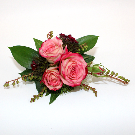 Classic Wrist Corsage - bright pink mini rose and red sweet william