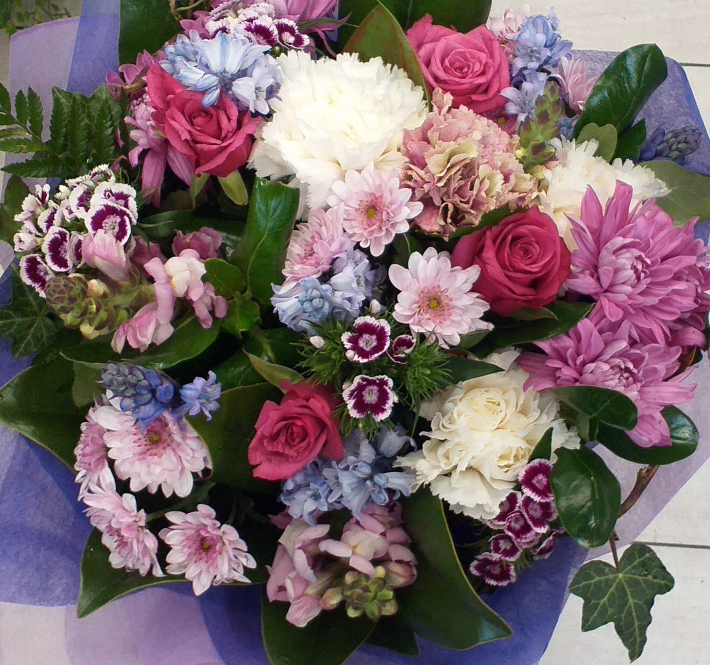 Sweetness flower bouquet, chrysanthemum, roses, sweet william, stock, snap dragon, fern, pink, purple, blue, ivy, white- Broadfield Flowers Florist Lincoln