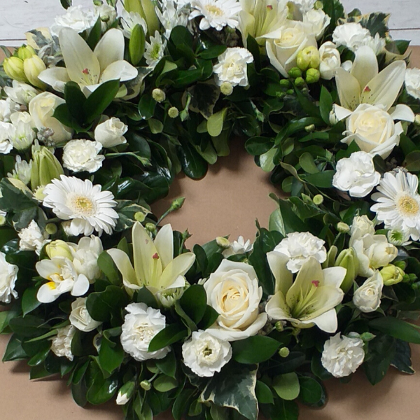 Wreath - white, roses, carnations, lilies, freesia, gerbera