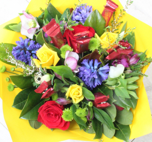 Whittakers flower Bouquet, chocolate, yellow, green chrysthemums, , red roses, orchids, blue - Broadfield Flowers Florist Lincoln