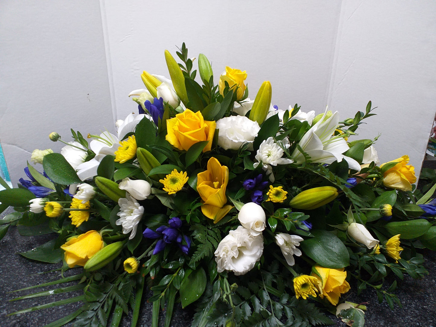 Casket Spray - yellow white a touch of blue