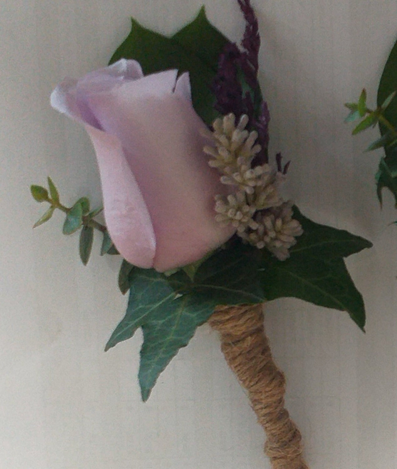 Buttonhole, lavender rose, gum, lavender, ivy leaves