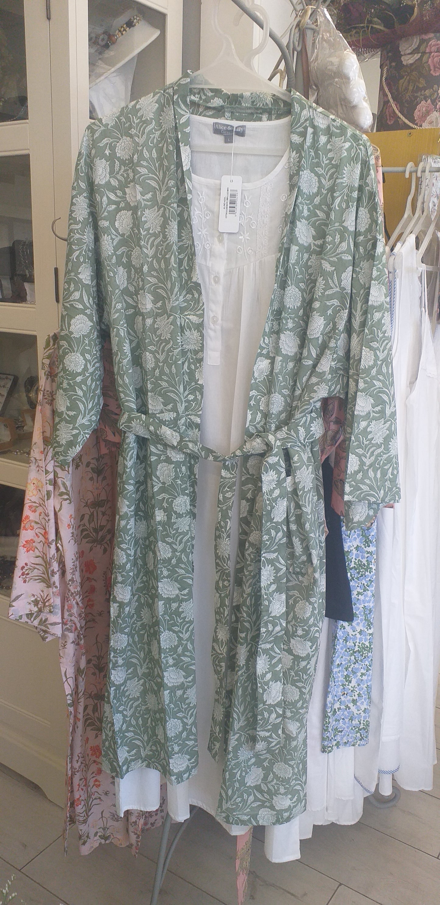sage green floral cotton kimono with tie belt