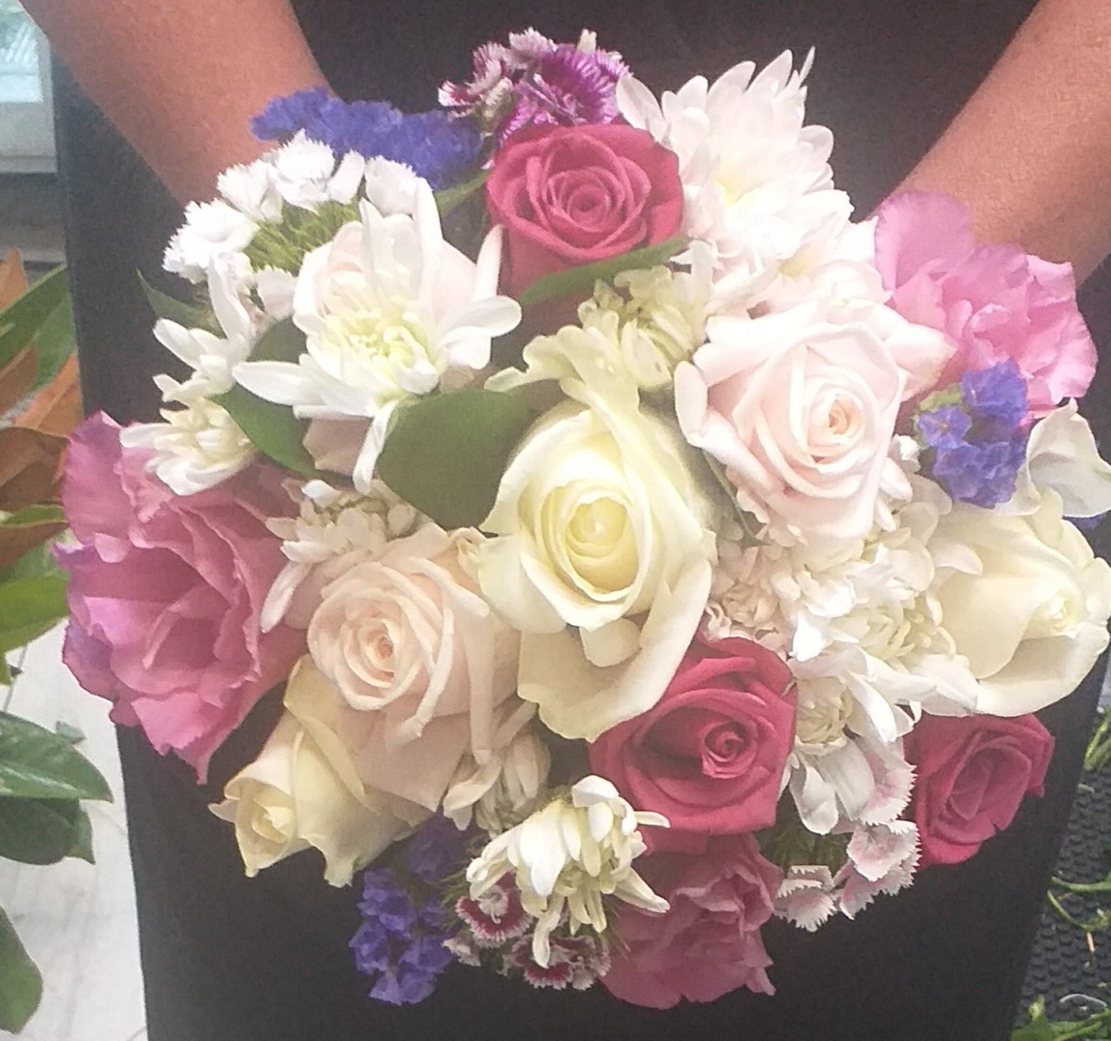 wedding bouquet pink, white, purple, hot pink roses, sweet william, lisianthus, white roses