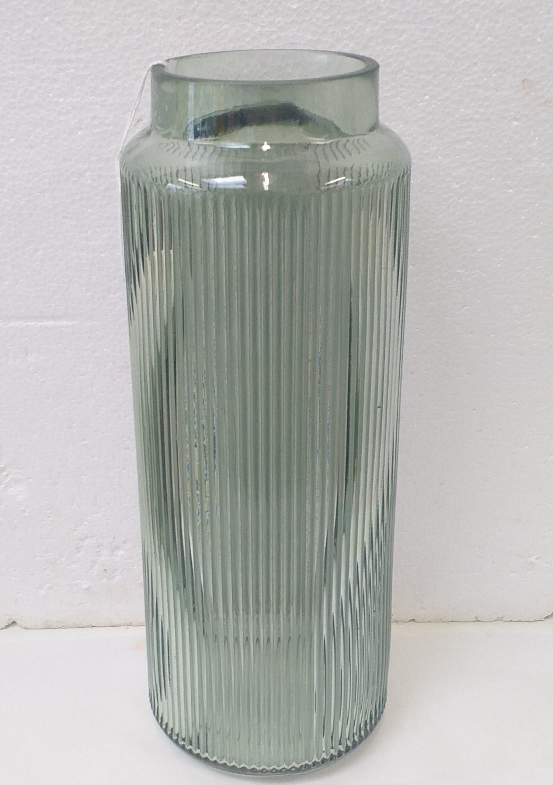 Glass vase green cylindrical ribbed 35cm tall