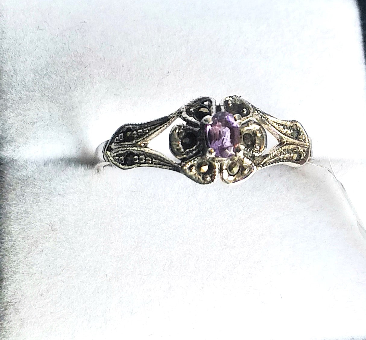 Ring, Amethyst and Marcarsite flower style on a Sterling Silver band - Broadfield Flowers Florist Lincoln