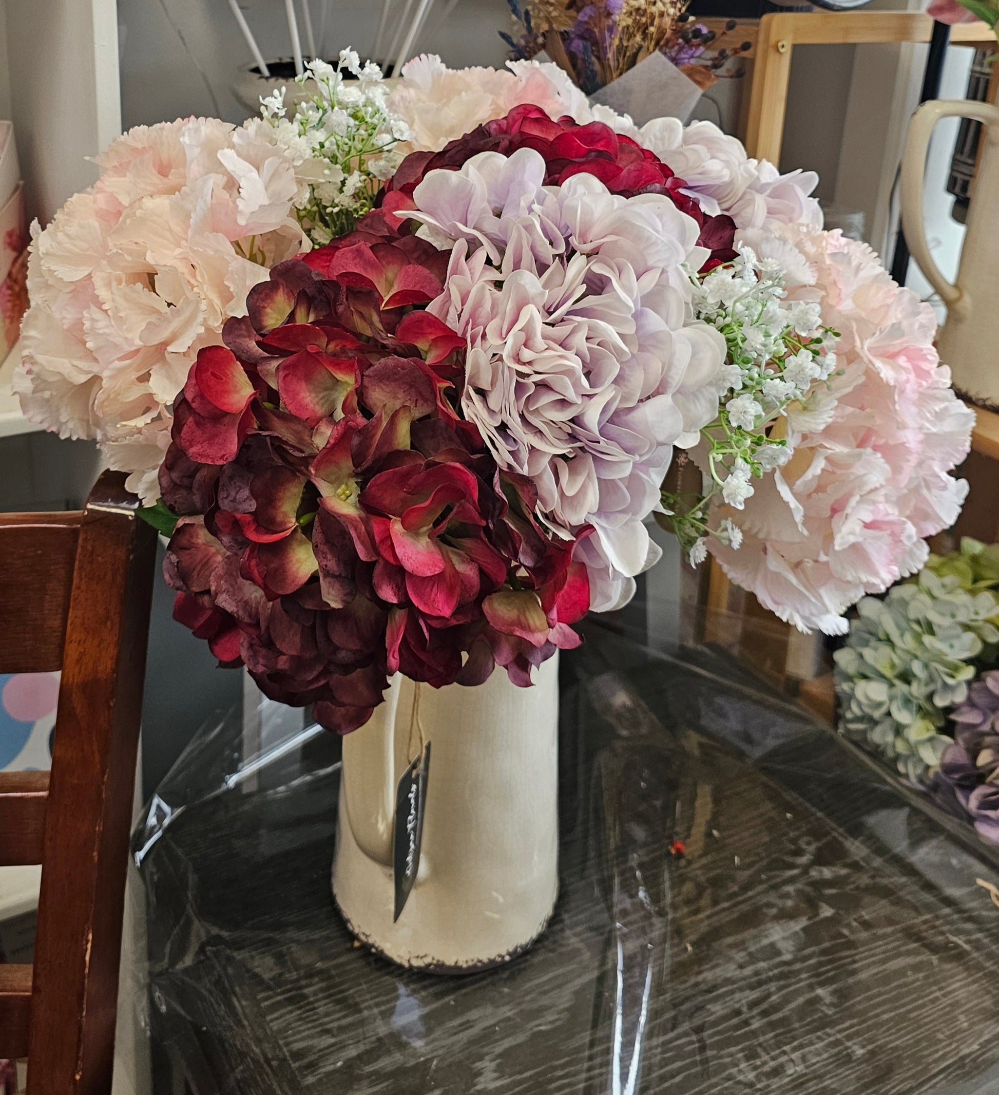 Red silk hydrangeas