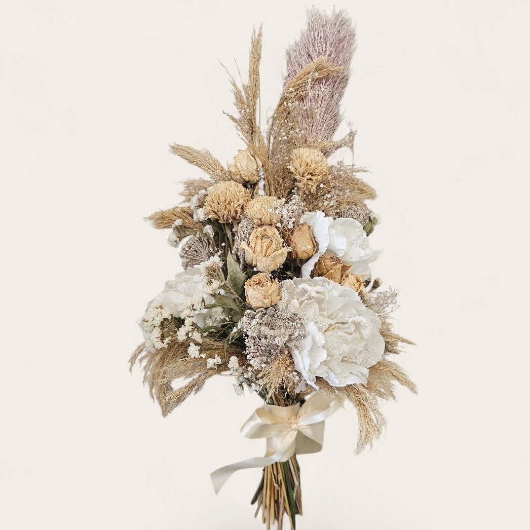 Bouquet of dried roses, gyp, statice, grass, toi toi, and silk paeonies
