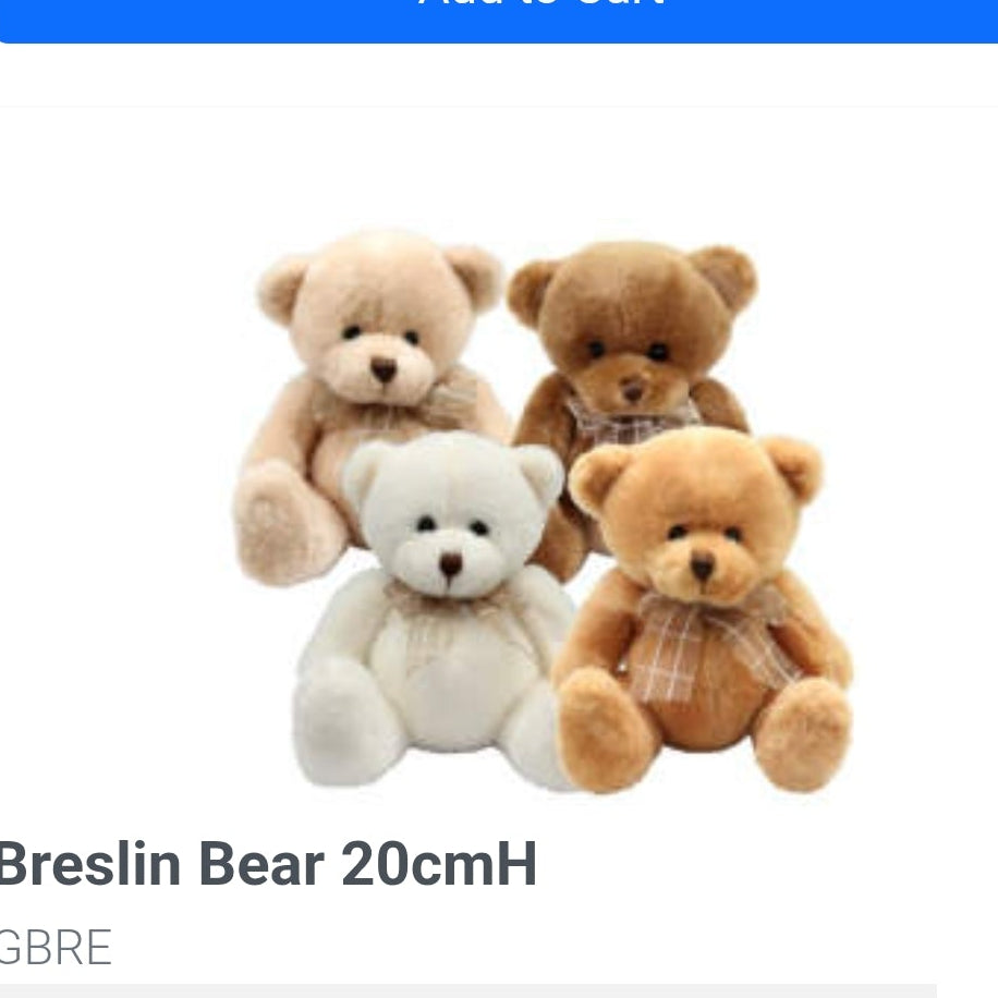 Breslin Bear 20cmH teddy bear. The page shows a photo of four small teddy bears in assorted colors (white, beige, brown) 