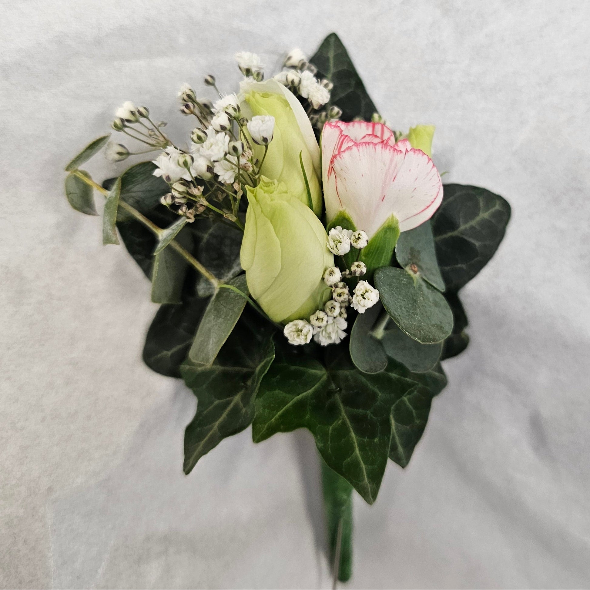 A small floral boutonniere featuring green spray rose buds, a pink-and-white spray carnation, green ivy leaves, and tiny white baby's breath, 