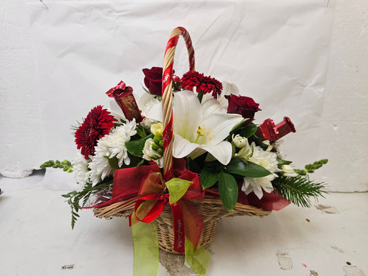 Flower Arrangement, Christmas Basket with chocolates