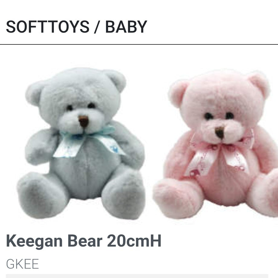 plush bears: one light blue and one light pink, with text reading Keegan Bear 20cm
