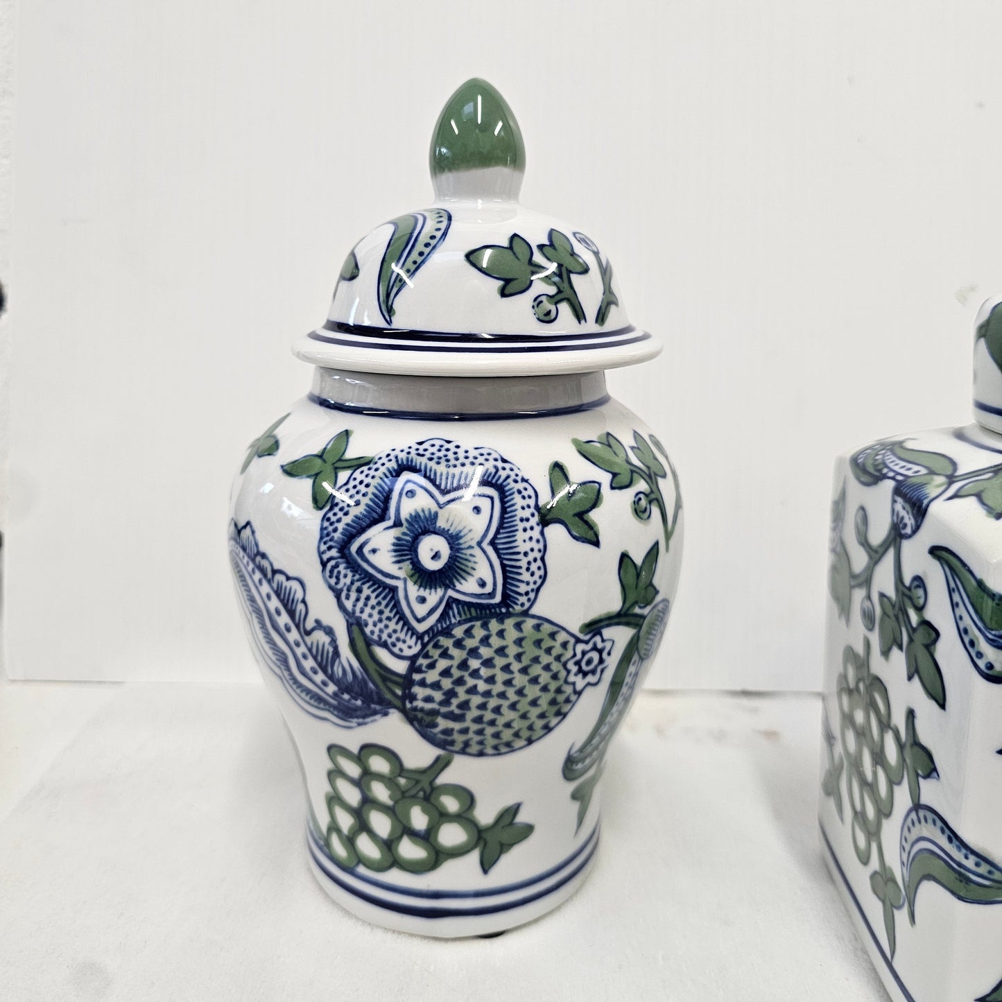 Blue/green ceramic jar w lid