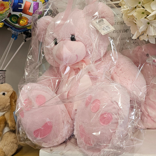 A pink plush teddy bear gift set wrapped in clear cellophane, 