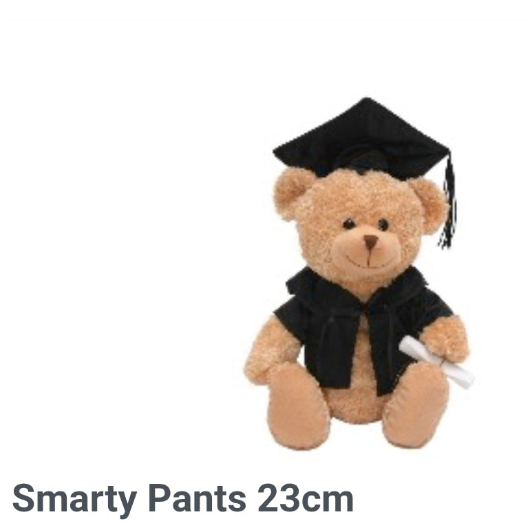 teddy bear plush wearing a black graduation cap and gown, with product title 'Smarty Pants Graduation Bear, 23cm high, 