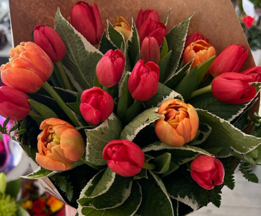 A bouquet of tulips  featuring red, orange, and peach blooms with green and variegated leaves, 