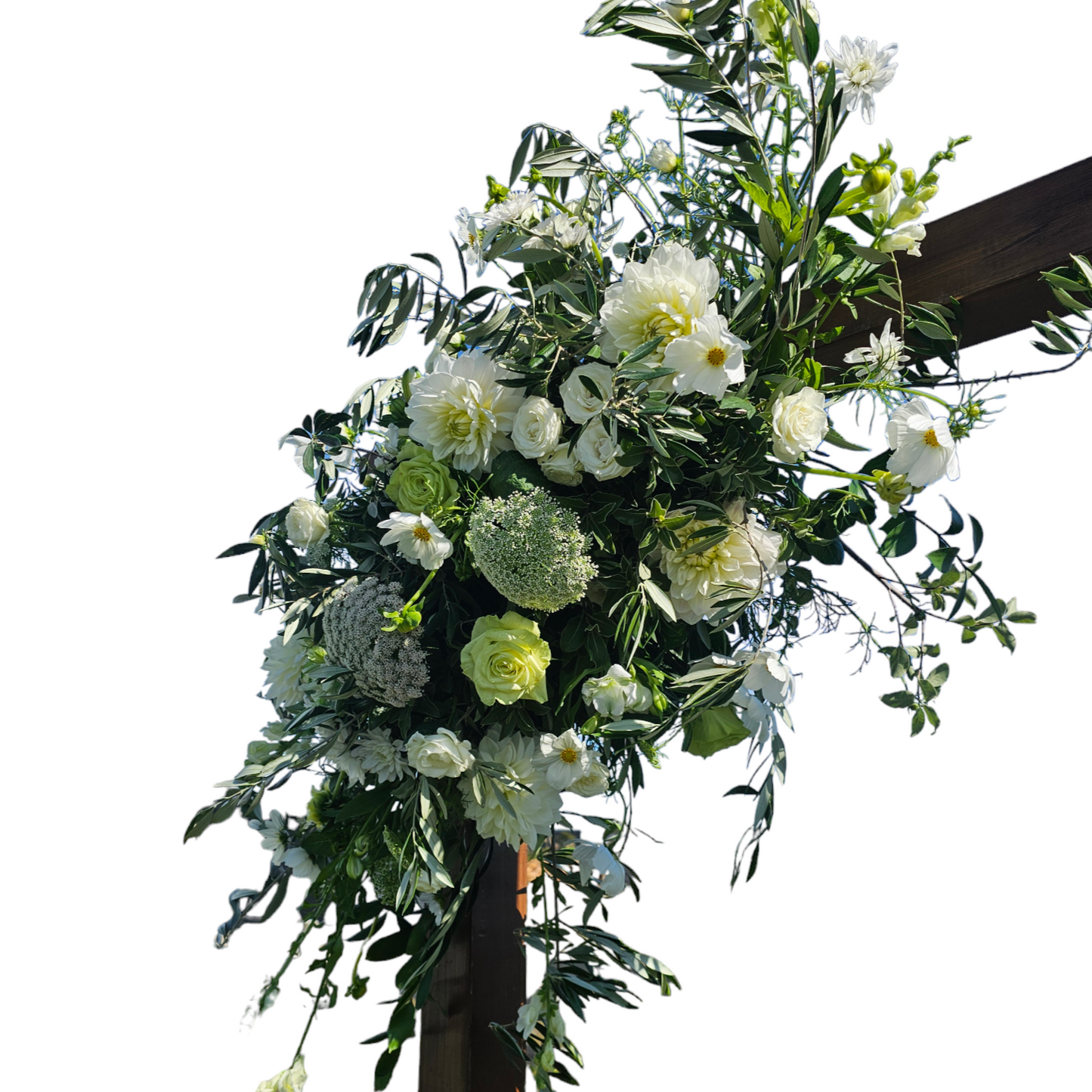 Archway decoration, queen annes lace, green roses, white roses, antirinums, gum, olive, white dahlias, wind blowing hard