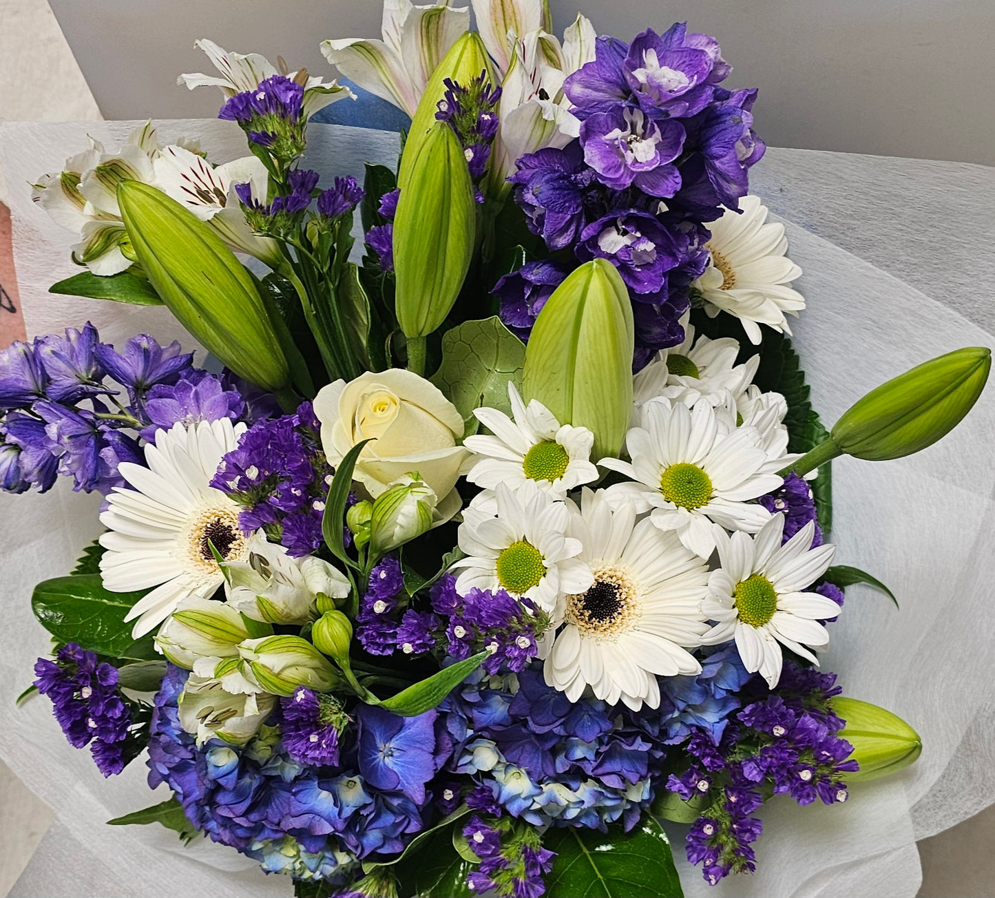 Blue and White Bouquet, delphinium, hydrangea, statice, roses, gerberas, lilies