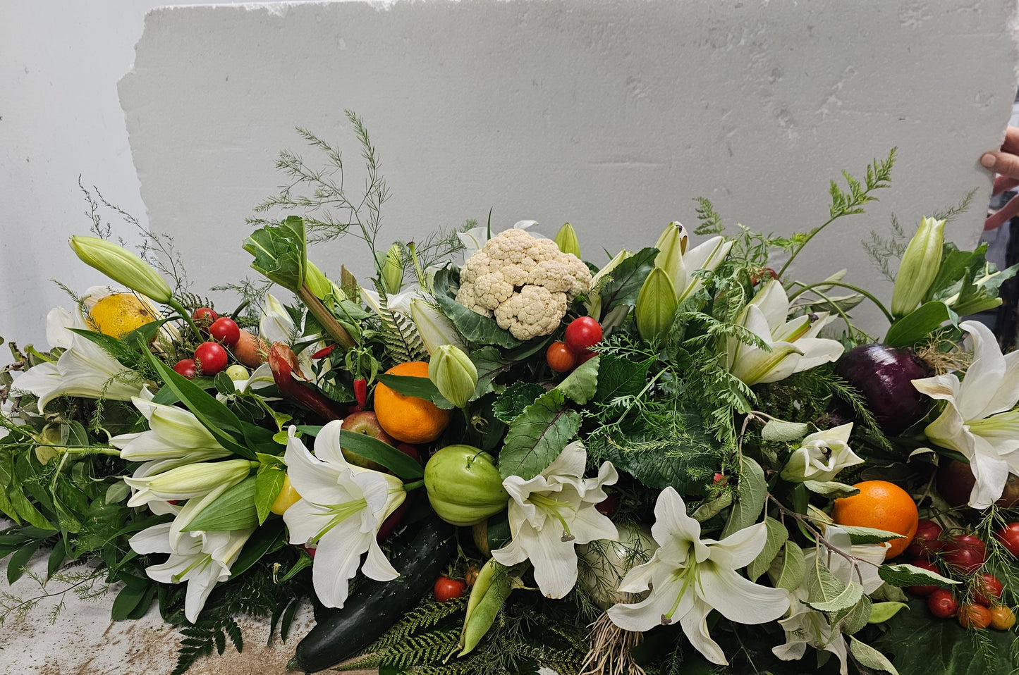 Casket spray including vegetables