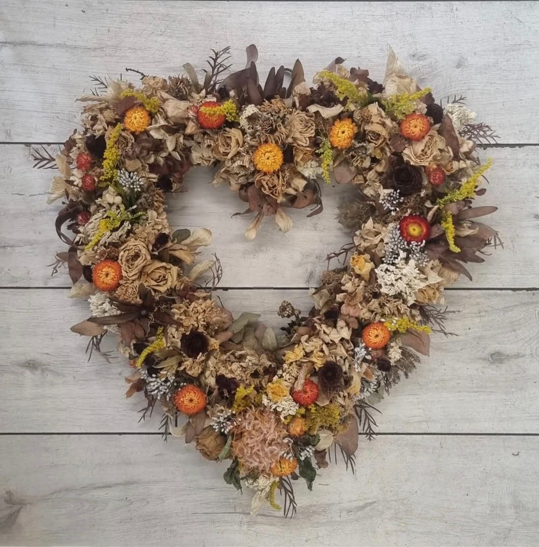 Dried Flowers, Heart lge, Heart sm, Cross, Bouquet, Basket, Hanging arrangement