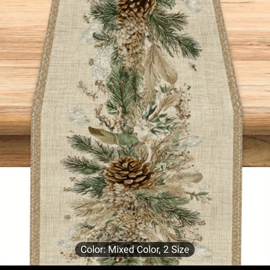 Decorative table runner with pinecones and greenery on a wooden surface