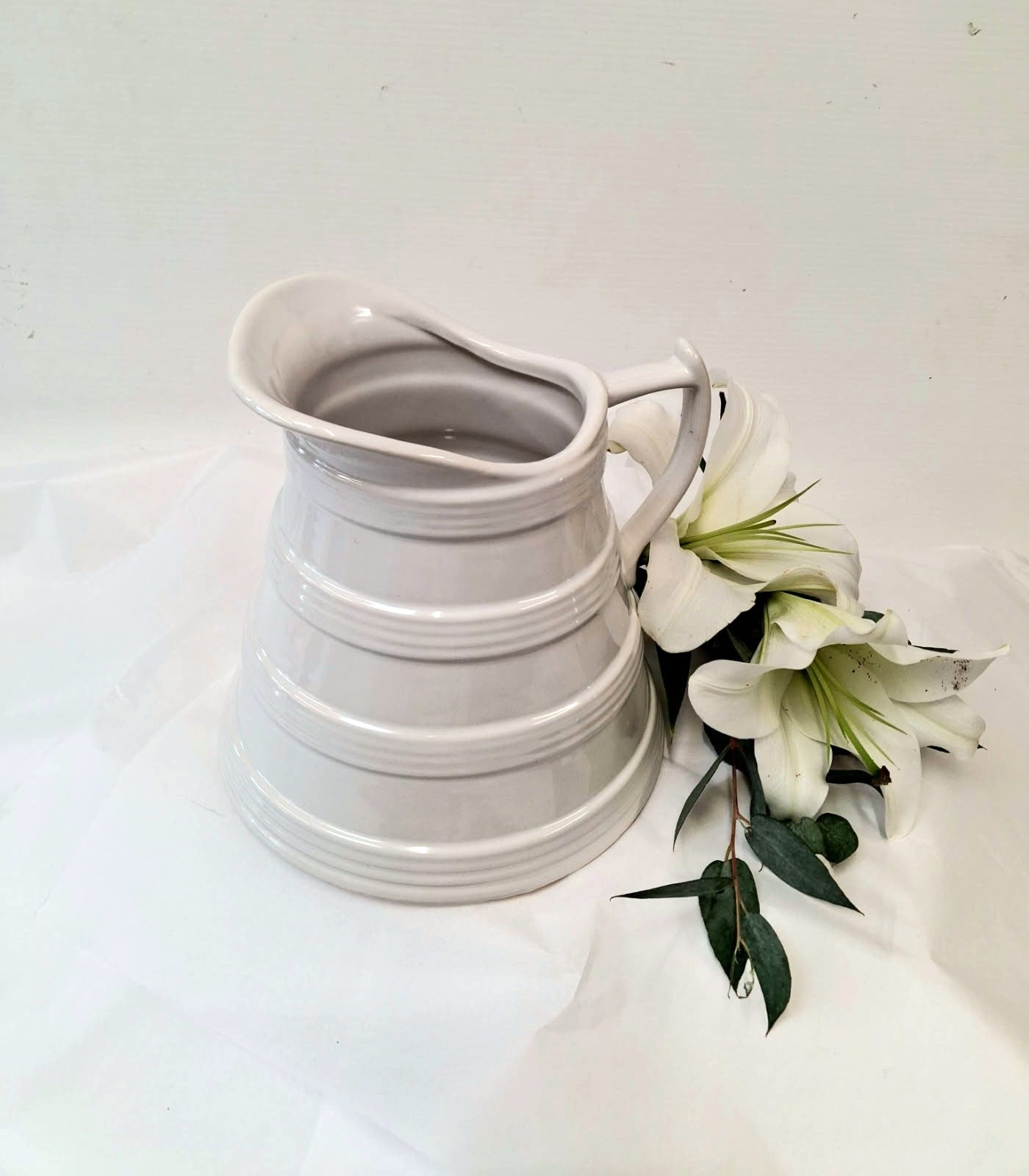 White, Striped, Large neck Ceramic Jug  / Vase. - Broadfield Flowers Florist Lincoln