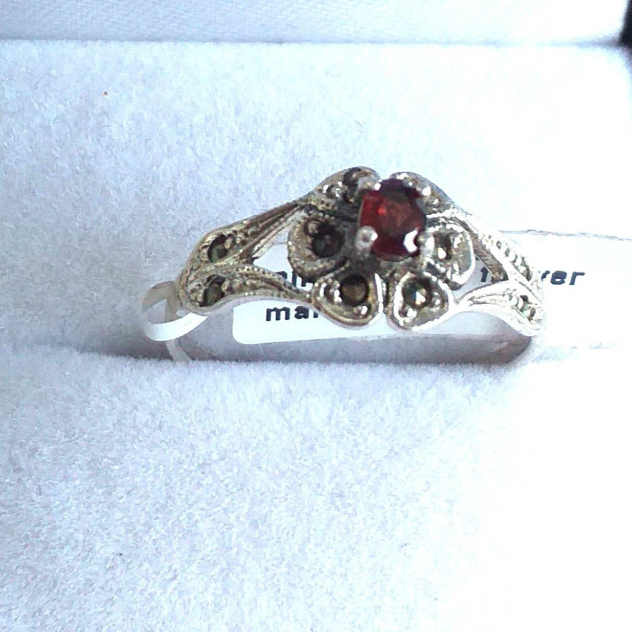 Ring - Garnet and Marcasite Flower style Sterling Silver - Broadfield Flowers Florist Lincoln