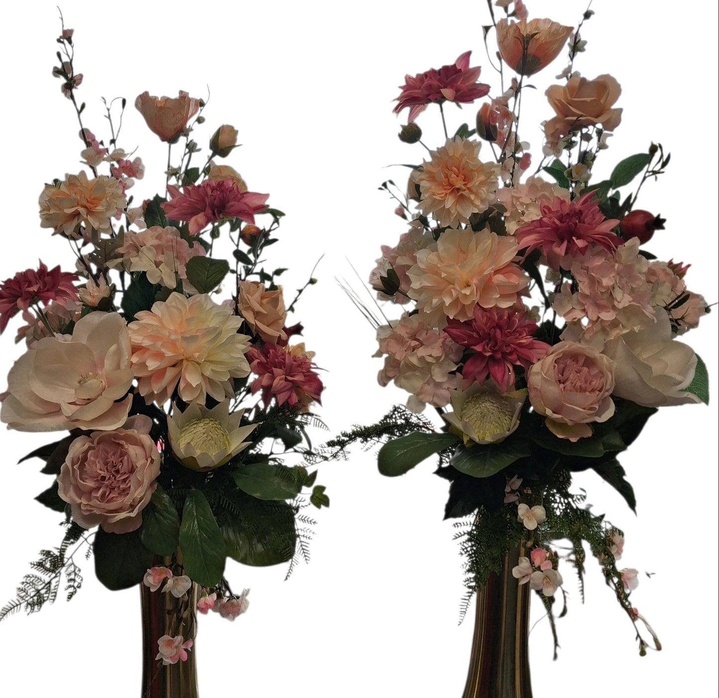 peach and cream silk flower arrangements, dahlia, magnolia, paeony, rose.