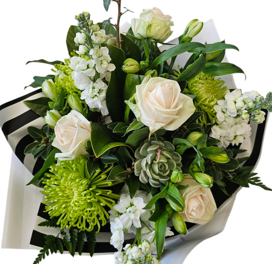 A bouquet with soft pink roses, green chrysies, whte stock, in black and white wrap, classic